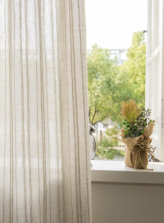 SUOUO Linen Textured Striped Semi-Sheer Curtains for Living Room 84 inches Long 2 Panels Rod Pocket Boho Light Filtering Window Drapes for Bedroom Dining - Image 1